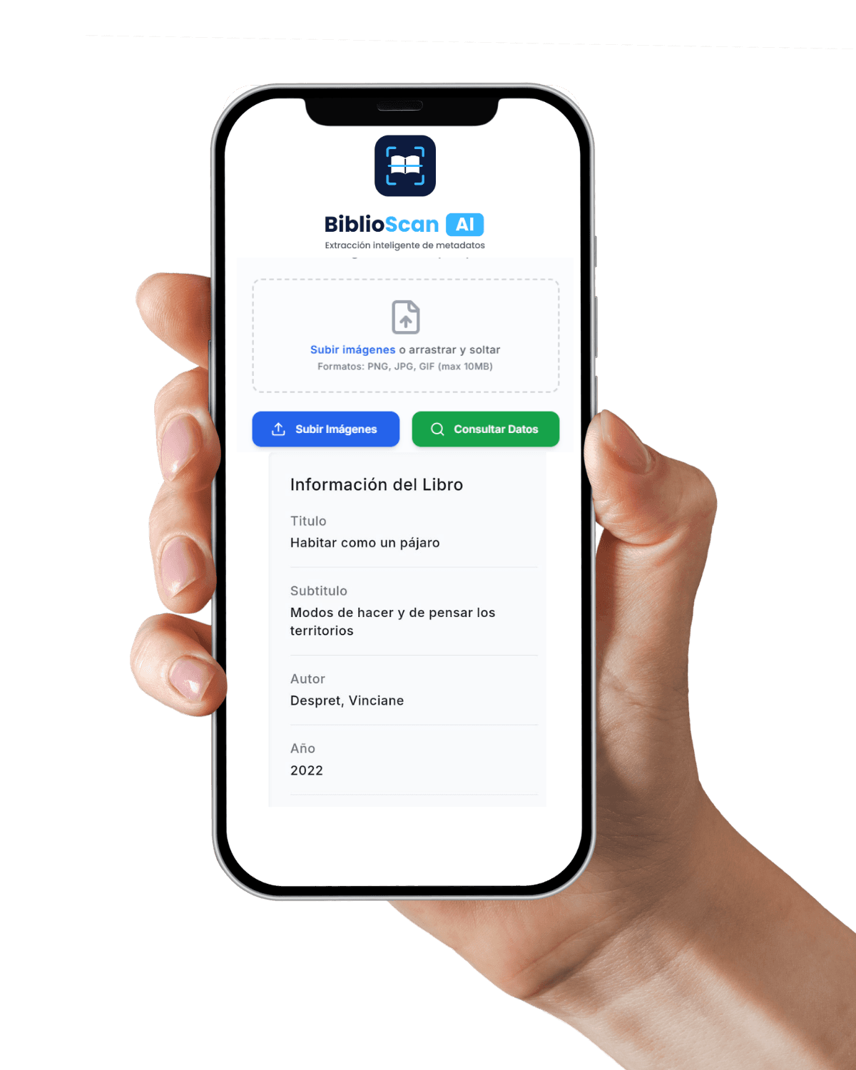 Pantalla de la app de BiblioScan AI mostrando la información del libro catalogado